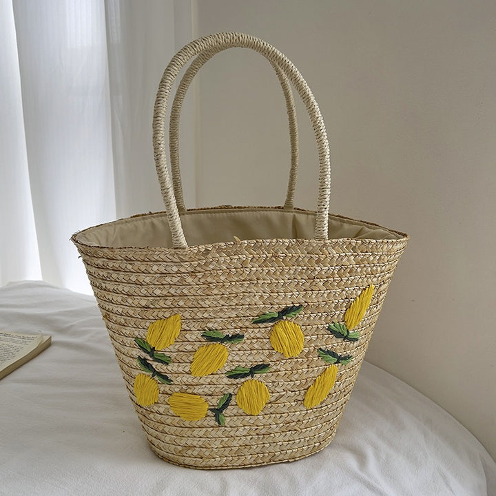 Handmade straw bag with colorful lemon motif Bowlift
