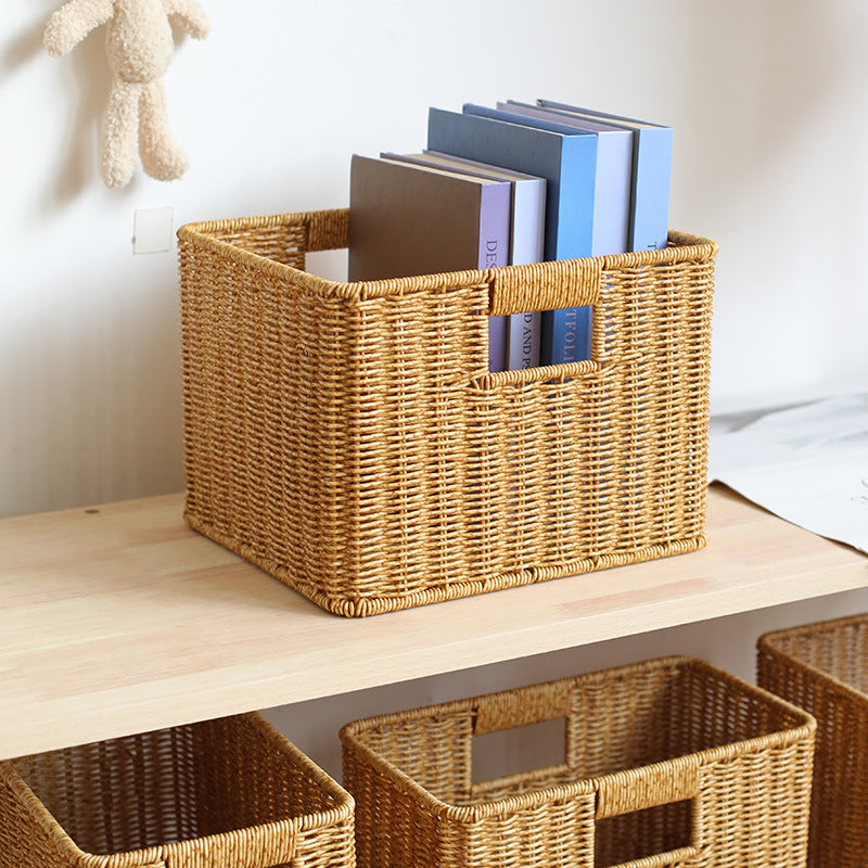 Handwoven Rectangular Storage Basket with Cutout Handles Bowlift