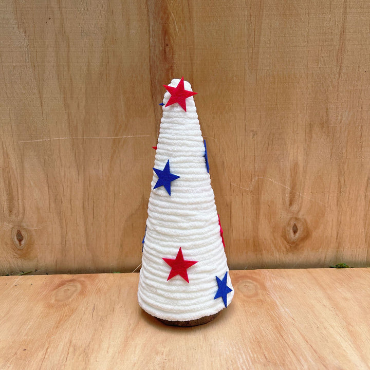 Unisex decorative table top Christmas tree made of felt and knitted structure with star appliqués Bowlift