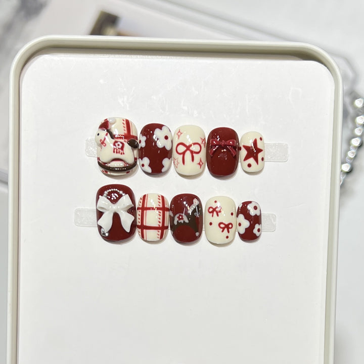 Premium Press-On Nail Art Set with Elegant Heart & Leaf Design Bowlift