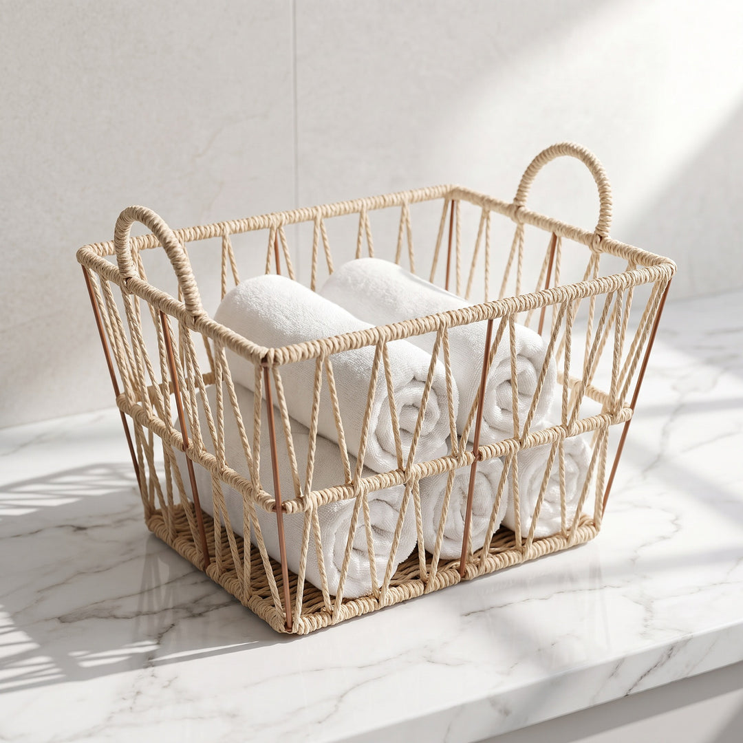 Elegant bathroom storage basket made of natural material Bowlift