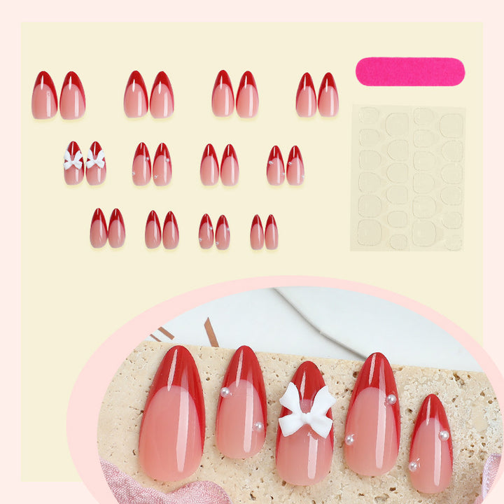 Decorative Press-On Nail Art Set with Elegant Ribbon Accents Bowlift