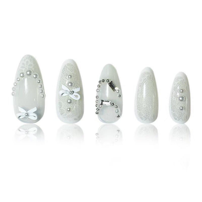 Elegant French Tip Lace Detail Press-On Nails Bowlift