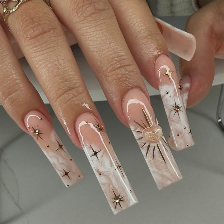 Artistic Press-On Nail Set with Floral and Gem Accents Bowlift