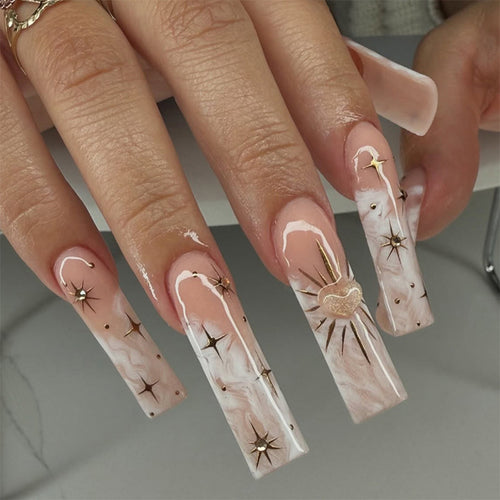 Artistic Press-On Nail Set with Floral and Gem Accents Bowlift