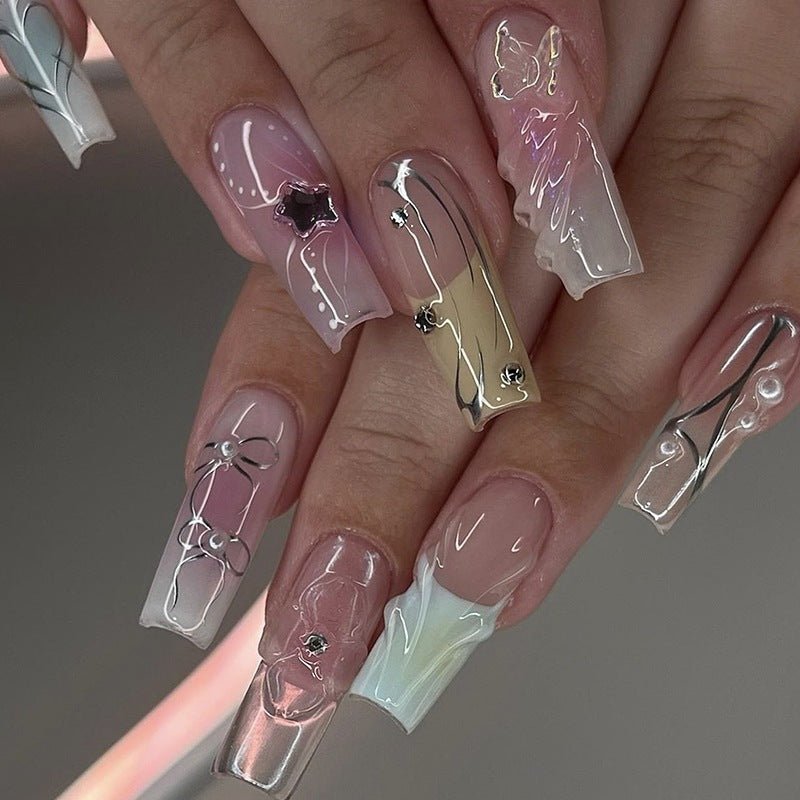 Artifical Nail Set with Elegant Ombre Designs and Glitter Accents Bowlift