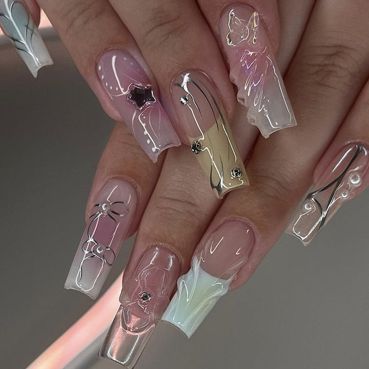 Artifical Nail Set with Elegant Ombre Designs and Glitter Accents Bowlift
