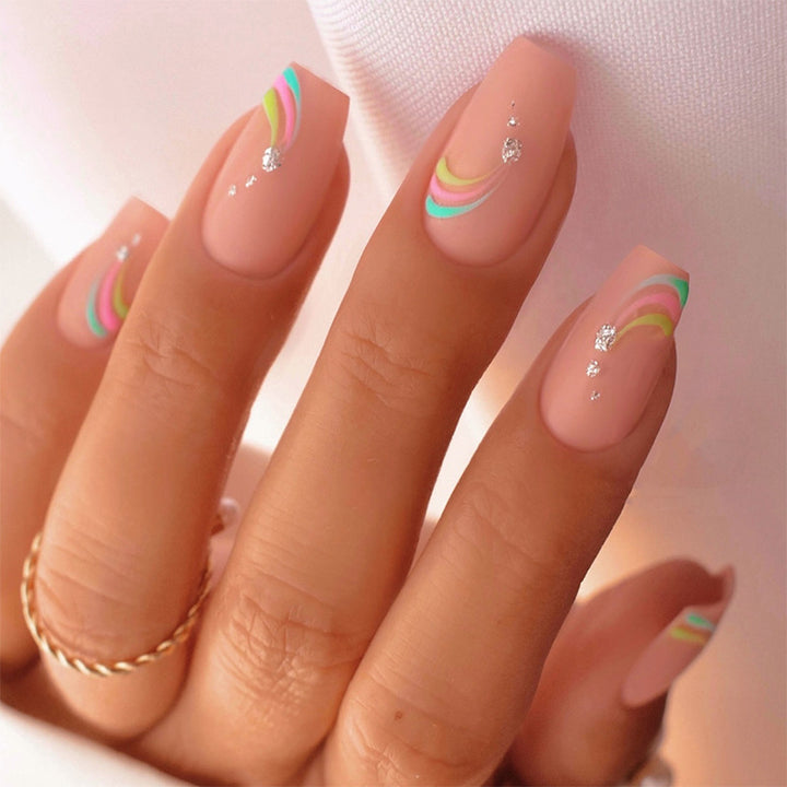 Artistic Press-On Nail Set with Colorful Wave Patterns Bowlift