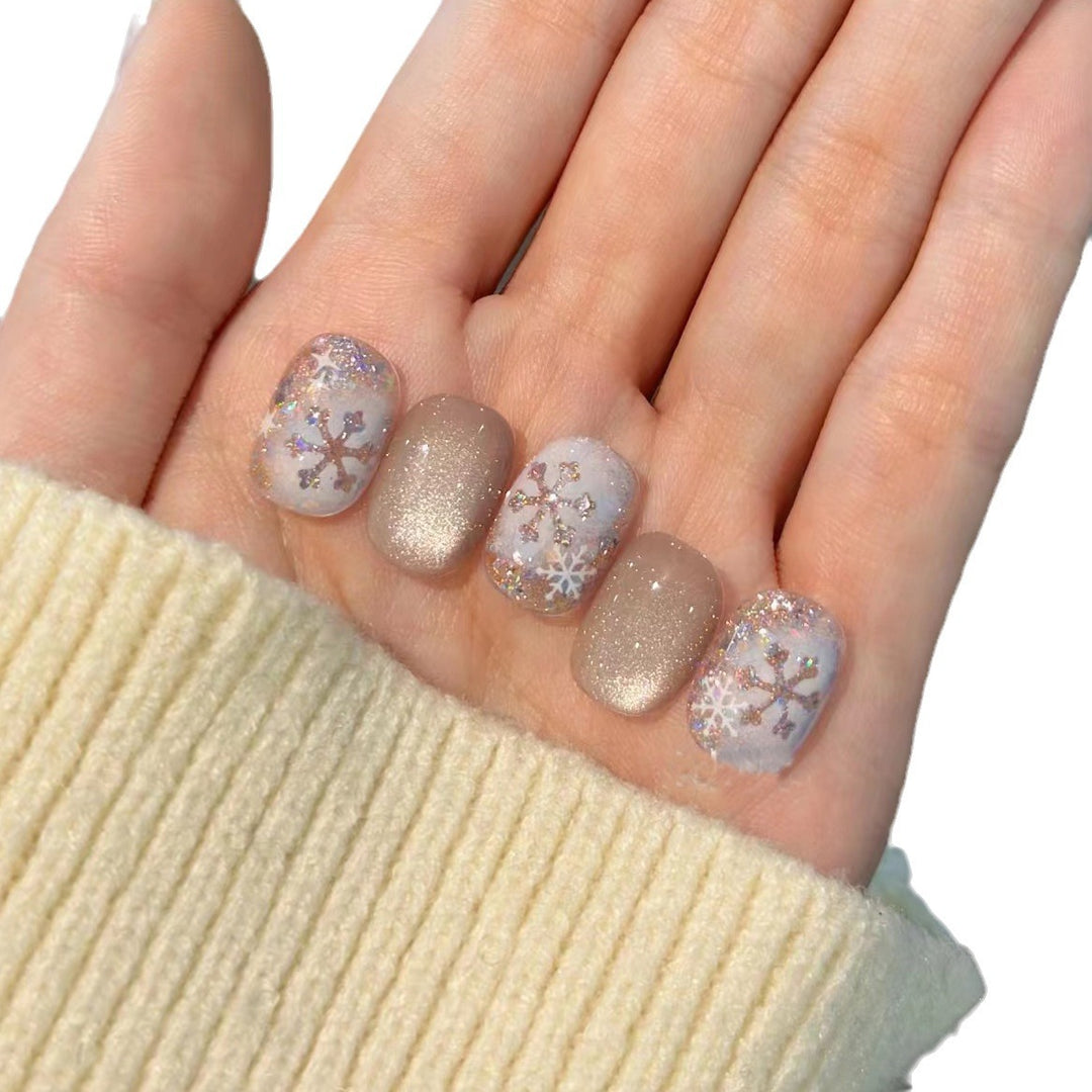 Chic Glittery Press-On Nail Set with Snowflake Design Bowlift