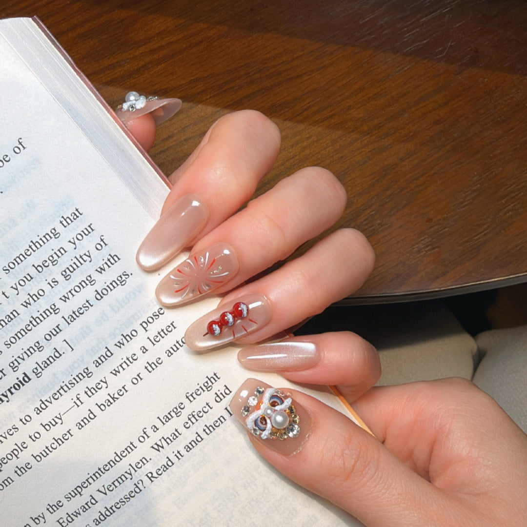 Decorative Press-On Nail Art Set with Jewel Accents Bowlift