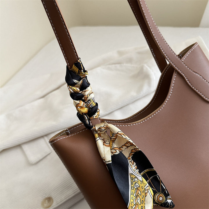 Elegant Structured Tote Handbag with Decorative Scarf