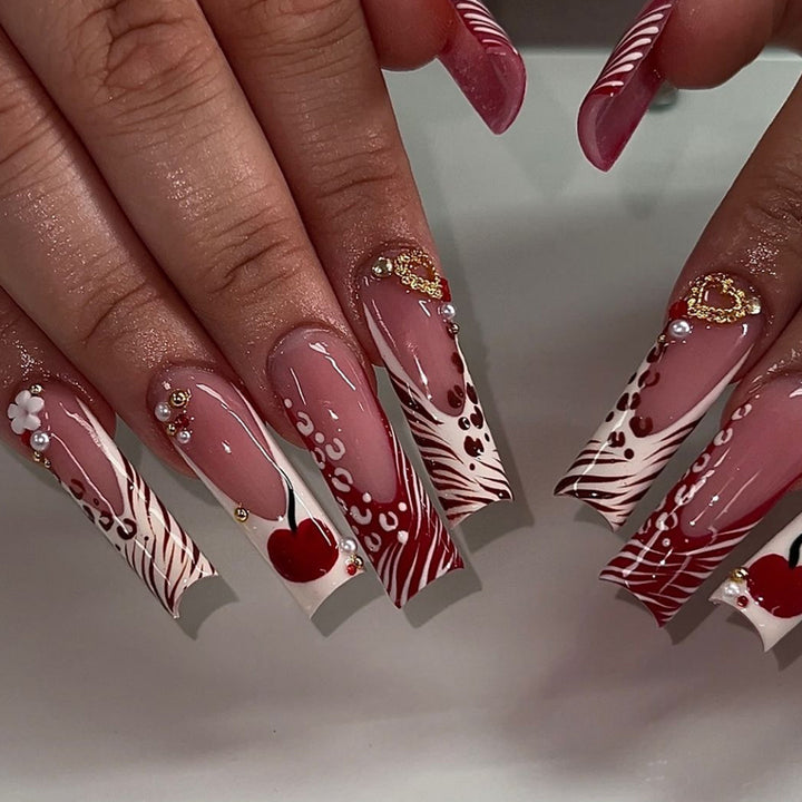 Decorative Long Press-On Nail Art with Gem Accents Bowlift