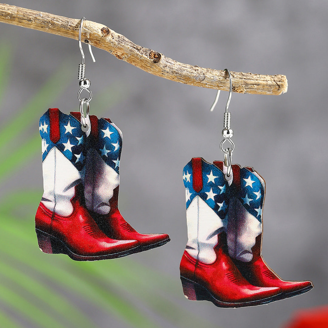 Ladies nan cowboy boots earrings with flag pattern made of lightweight wood Bowlift