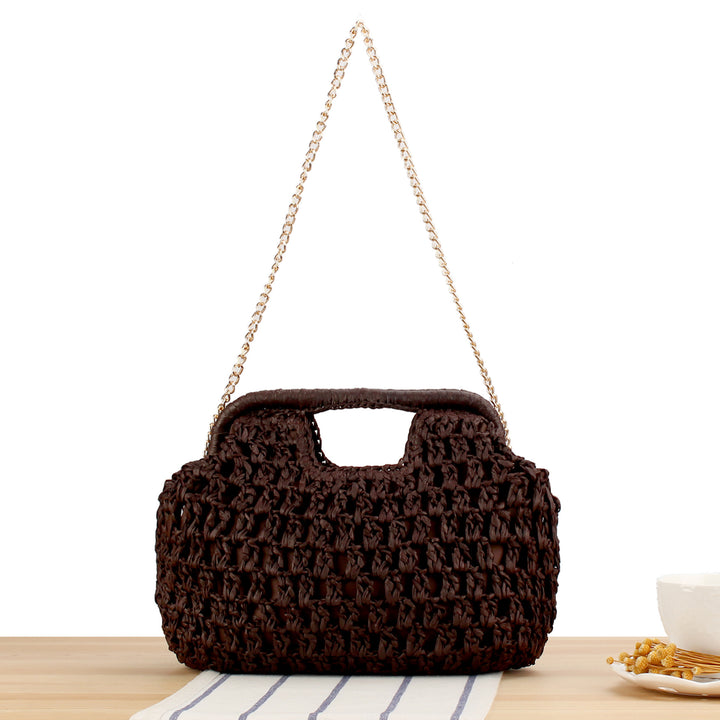 Beach Shoulder Bag Made of Natural Weave with Elegant Chain Decoration Bowlift