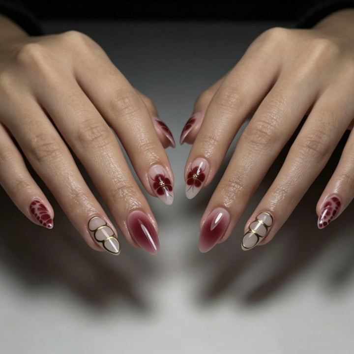 Artificial nails with elaborate flower designs and elegant accents Bowlift