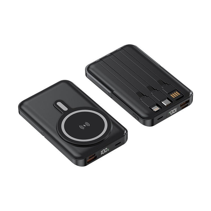 Portable power bank with integrated charging cable and wireless charging function Bowlift