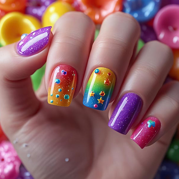 Creative art nails with sparkling rainbow design and 3D applications Bowlift