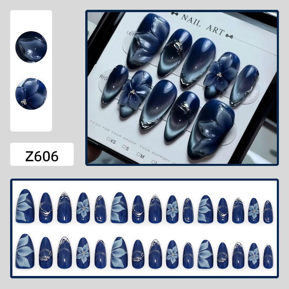Acrylic Nail Set with Elegant Blue Ombre and Floral Design Bowlift