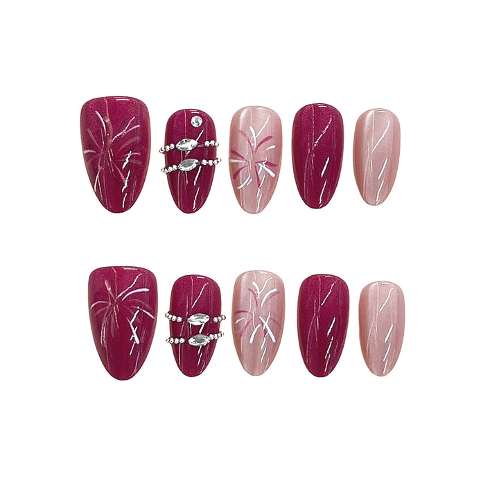 Artistic Press-On Nail Set with Floral Patterns and Gem Accents Bowlift