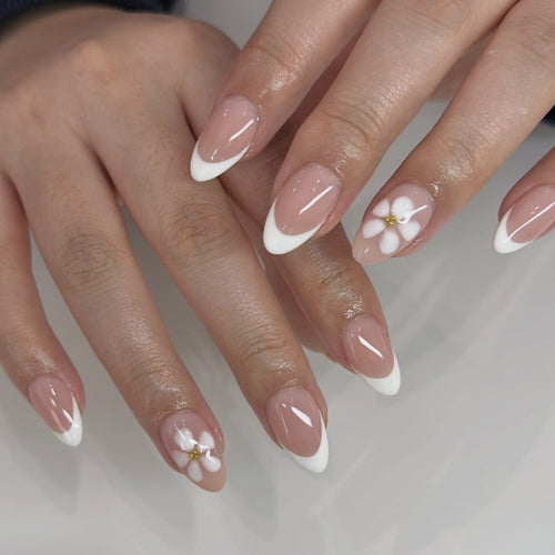 Artful nail extensions with flower design and elegant French tips Bowlift