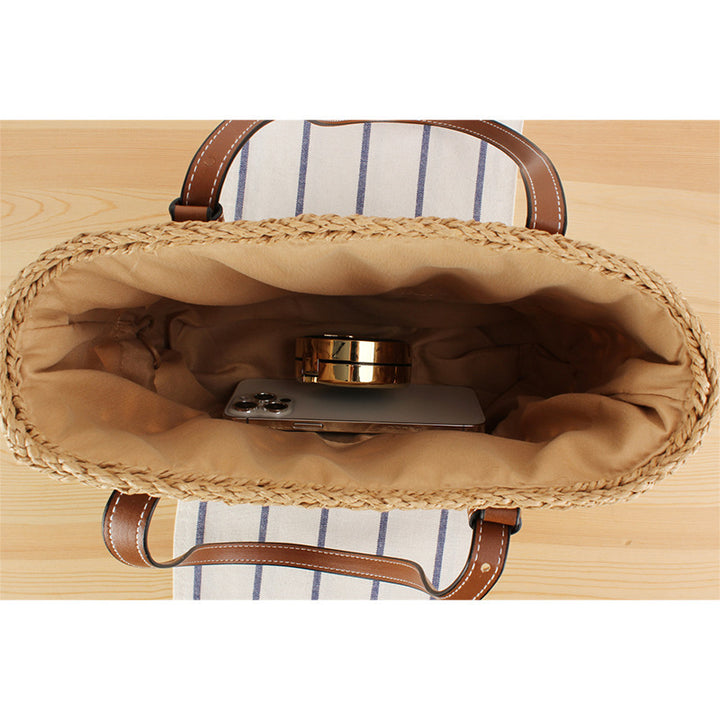 Handbag Made of Handwoven Straw with Elegant Faux Leather Handles Bowlift