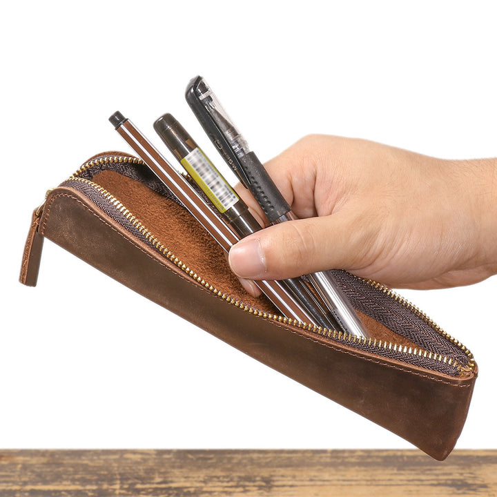 Vintage Genuine Leather Zipper Pen Pouch Organizer Bowlift