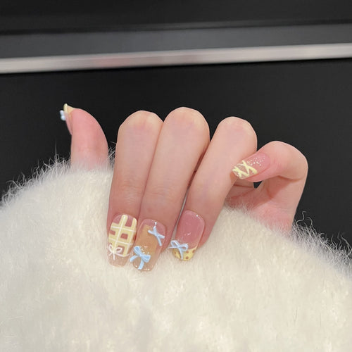 Decorative Press-On Nail Art Set with Charming Bow and Pattern Designs Bowlift