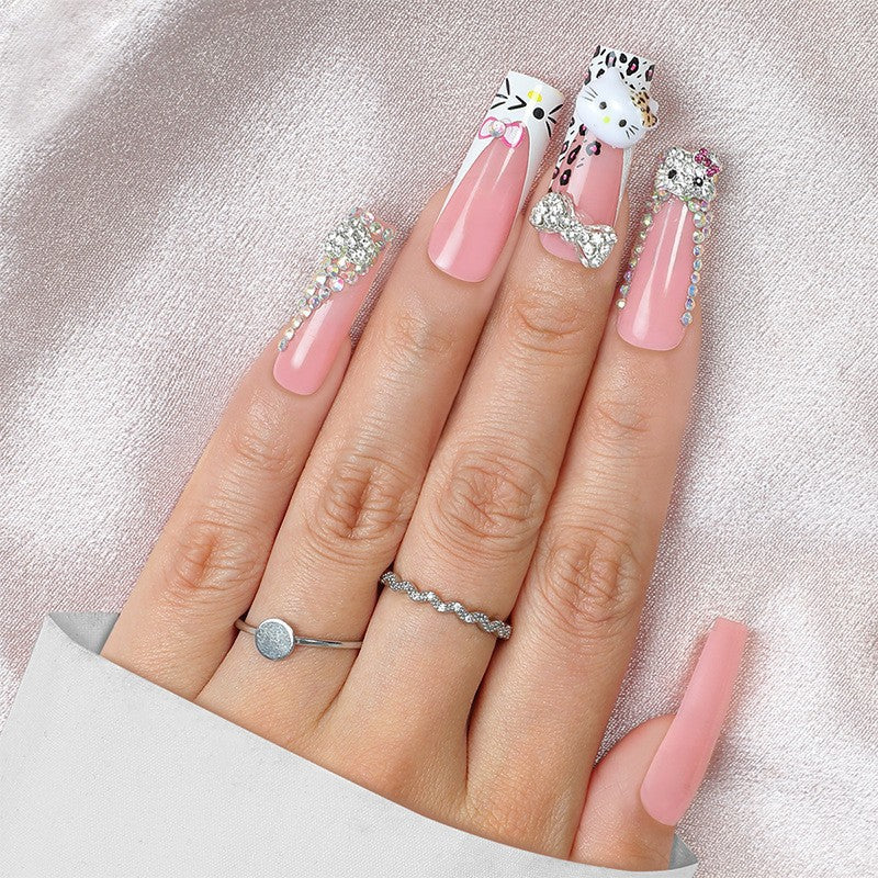 Glamorous artificial nail set with sparkling rhinestone embellishments and creative animal designs Bowlift