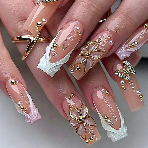 Artificial nail set with elegant floral and glitter decorations Bowlift