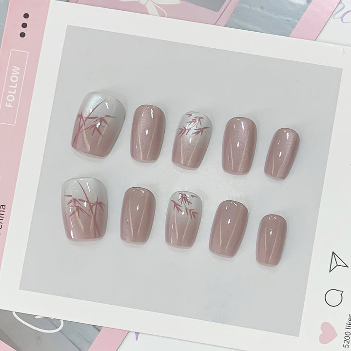 Artistic Press-On Nails with Bamboo Design Bowlift