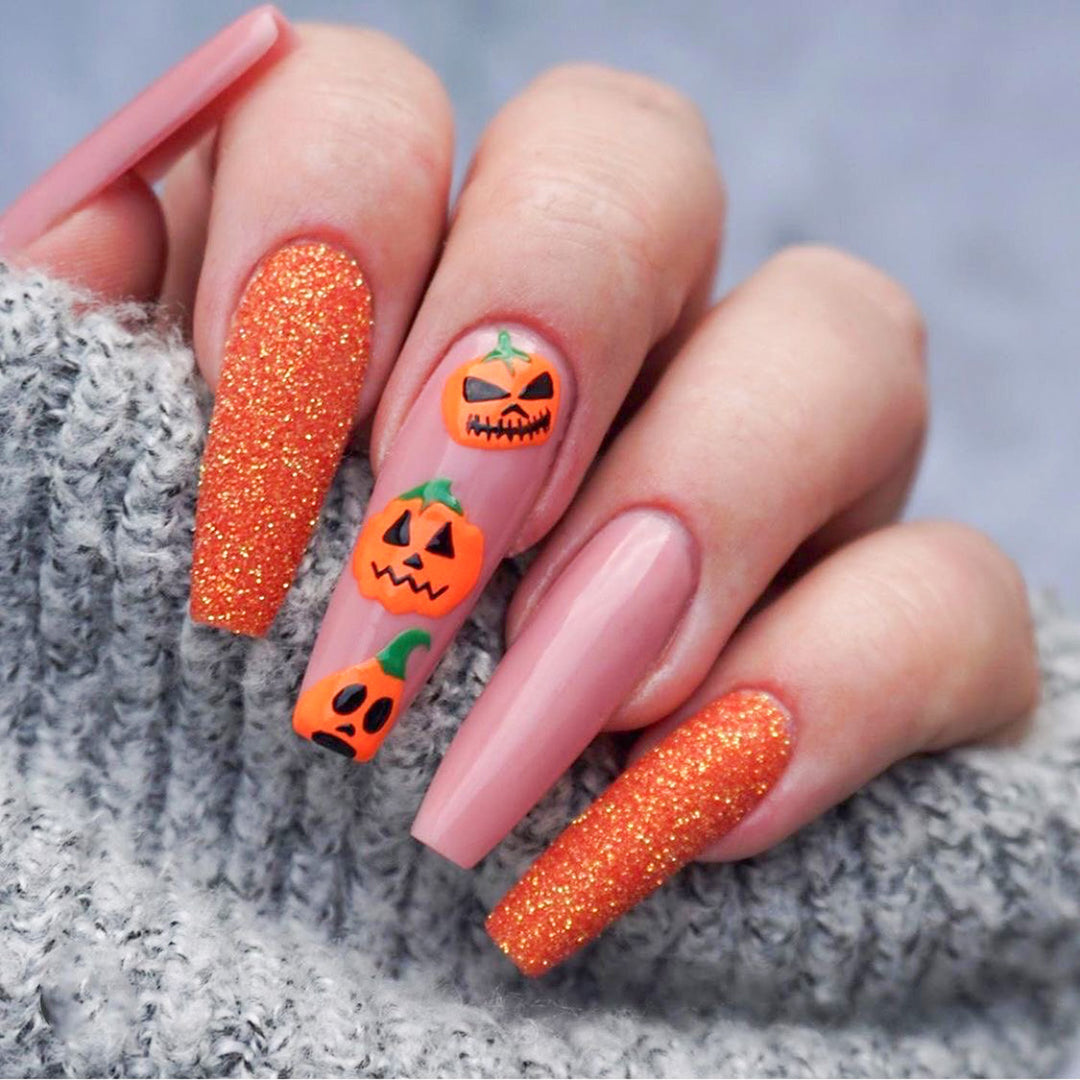 Pumpkin-Themed Stiletto Nail Art Extensions Bowlift
