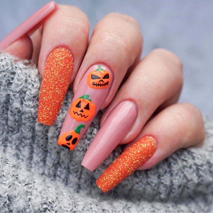 Pumpkin-Themed Stiletto Nail Art Extensions Bowlift