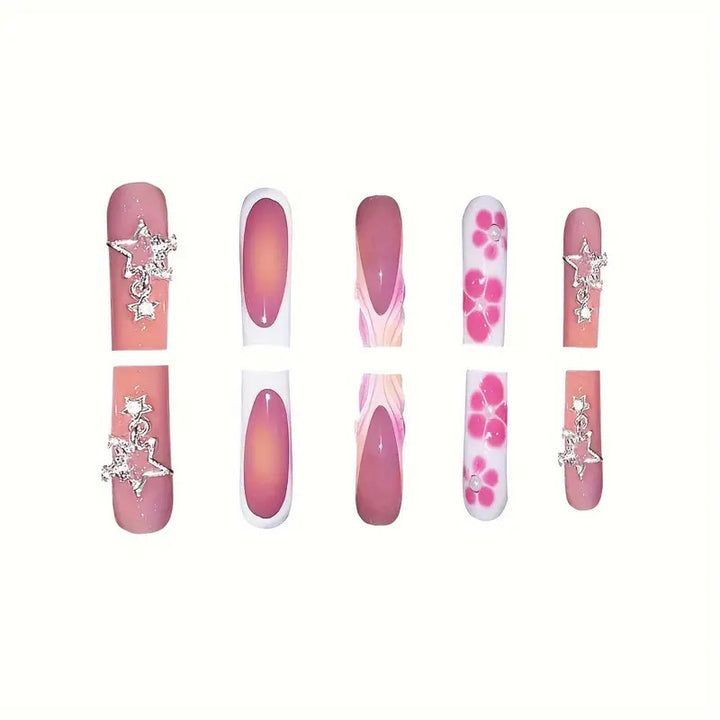 Decorative Floral and Star Press-On Nail Art Bowlift