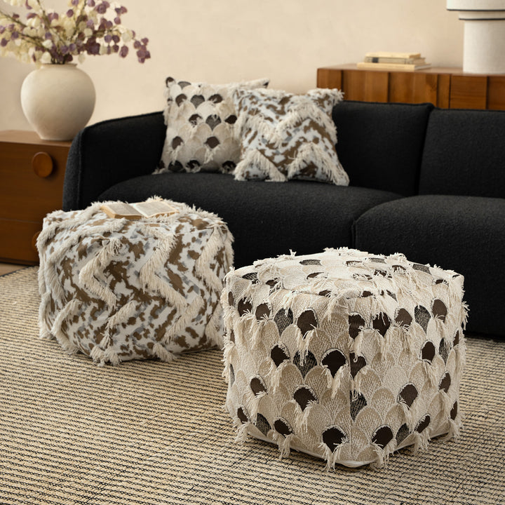 Padded Boho seat pouf with fringes and woven patchwork cover