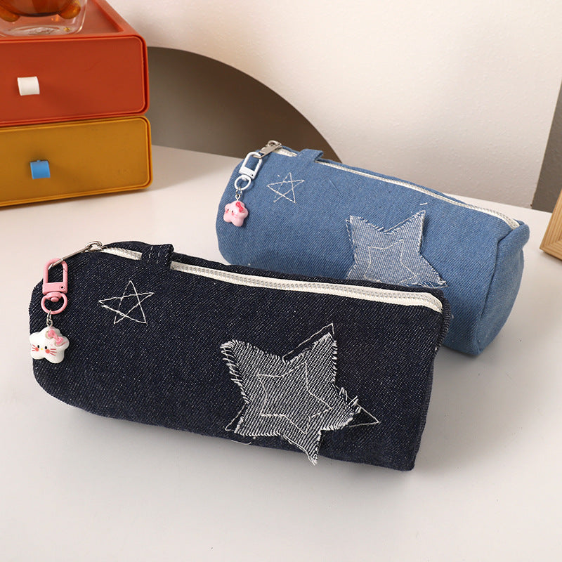 Denim Star-Appliqué Cylinder Pencil Case Makeup Pouch Bowlift
