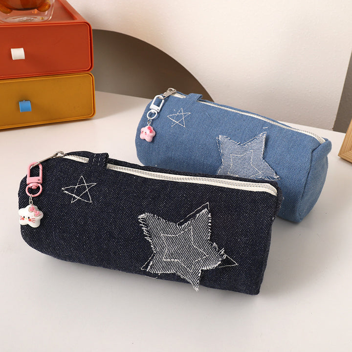 Denim Star-Appliqué Cylinder Pencil Case Makeup Pouch Bowlift