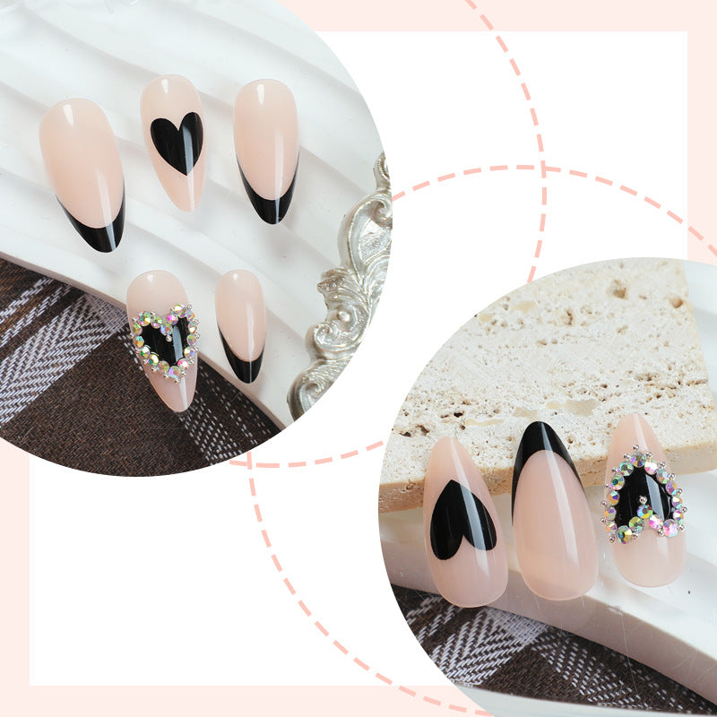 Artistic Press-On Nail Set with Heart and Gem Details Bowlift
