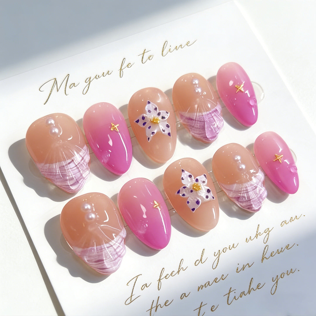 Artificial nails with floral design and glamorous accents Bowlift