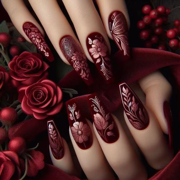 Artificial Nail Set with Floral Designs Bowlift