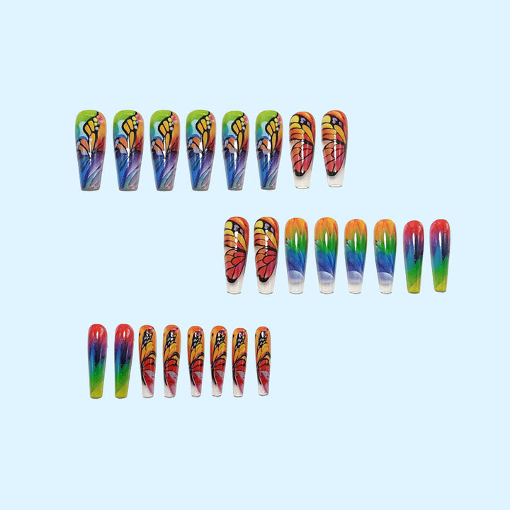Artificial nails with colorful butterfly design and holographic accents Bowlift