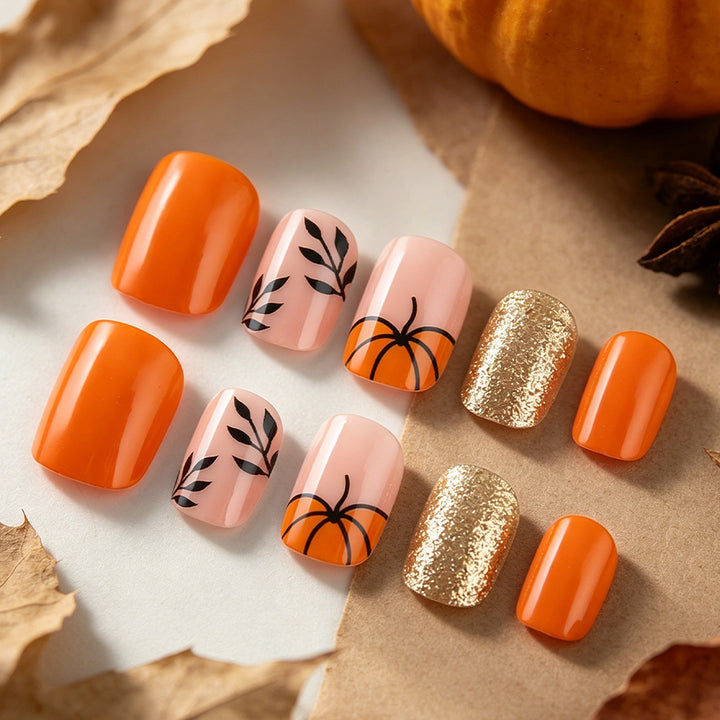 Decorative Press-On Nail Art Set with Pumpkin Design Bowlift