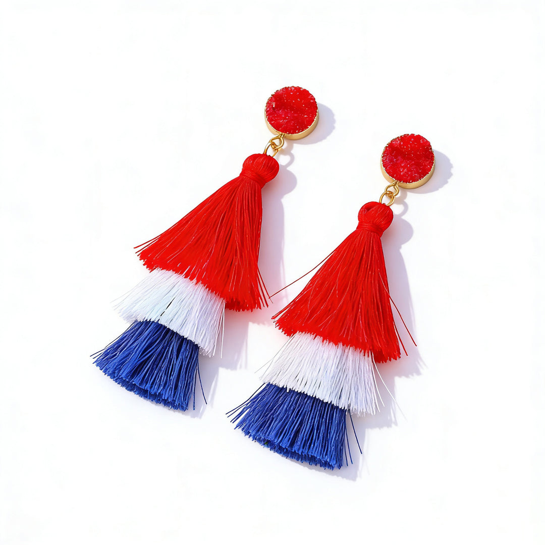 Women's nan tiered fringe tassel statement drop earrings with glitter disc stud and layered silk-like threads Bowlift