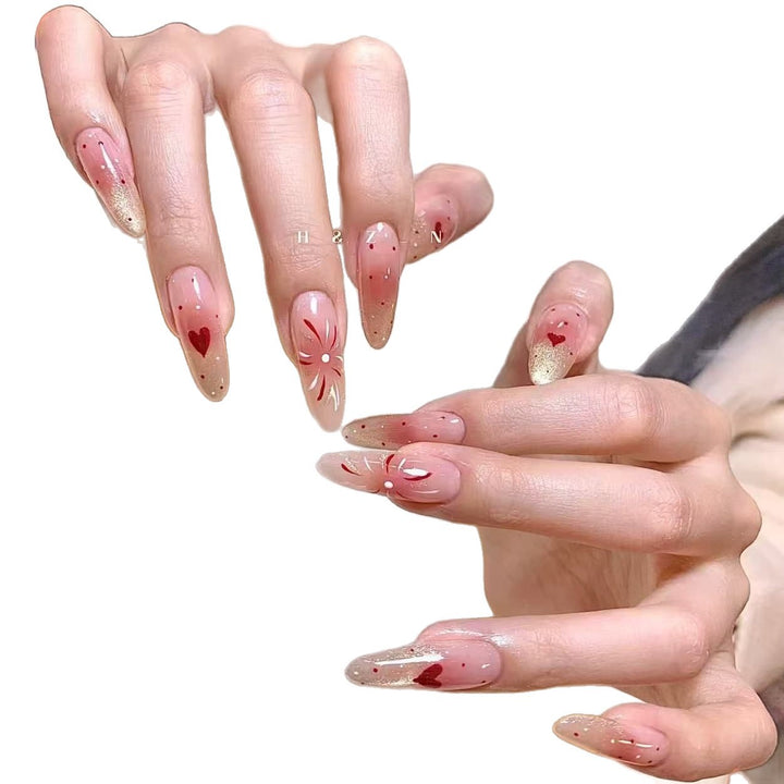 Elegant Press-On Nail Set with Floral and Gemstone Accents Bowlift