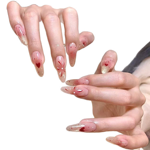 Elegant Press-On Nail Set with Floral and Gemstone Accents Bowlift