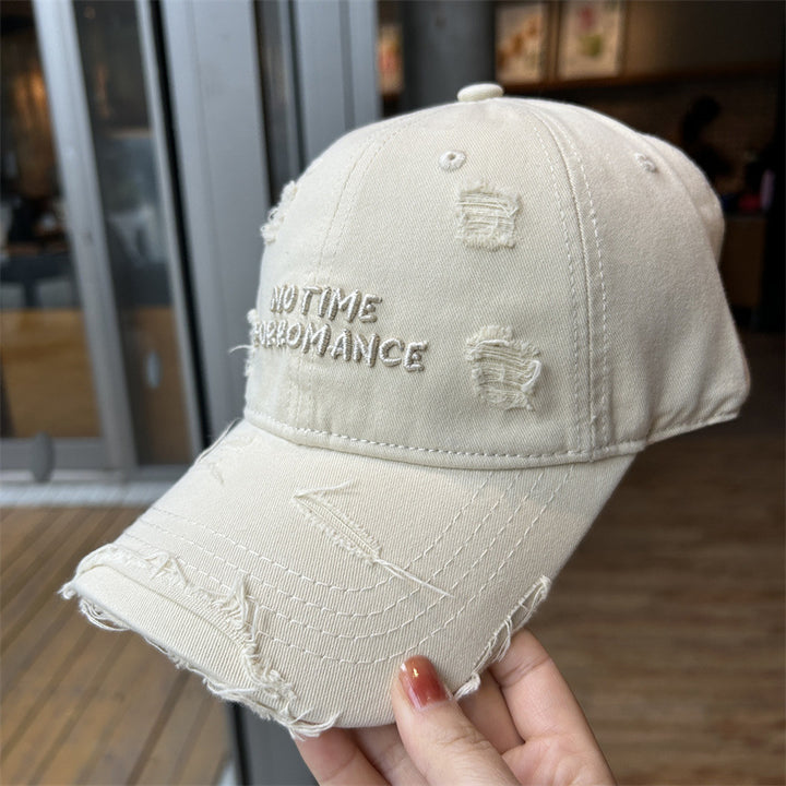 Distressed Cotton Baseball Cap with Quote Embroidery