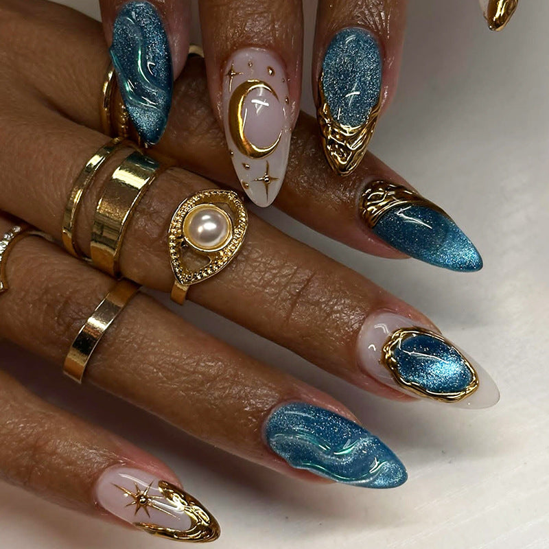 Artistic Press-On Nail Art Set with Gold Accents Bowlift