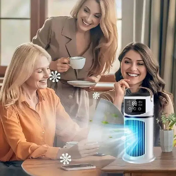 Unisex one size rechargeable tower climate fan with touch LED control, integrated humidifying reservoir, and leather carrying handle Bowlift