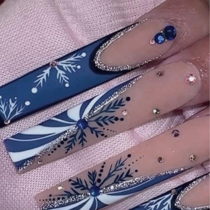 Elegant Stiletto Press-On Nails with Snowflake and Gem Accents Bowlift