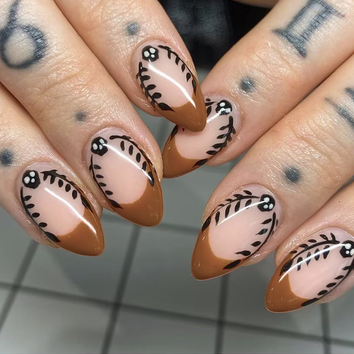 Artistic Press-On Nail Set with Floral and Leaf Patterns Bowlift