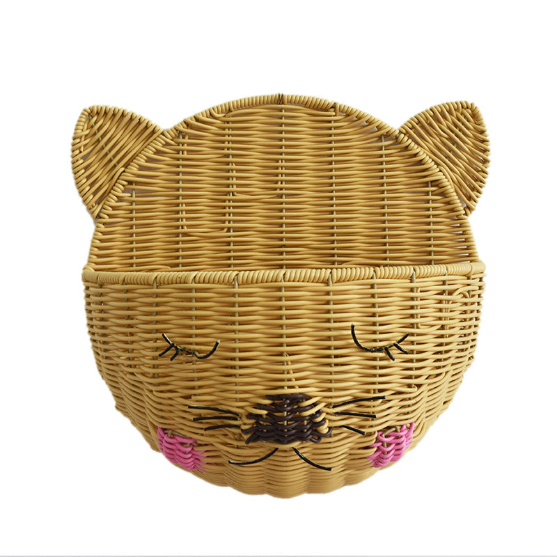 Cute Cat-Shaped Woven Storage Basket Bowlift